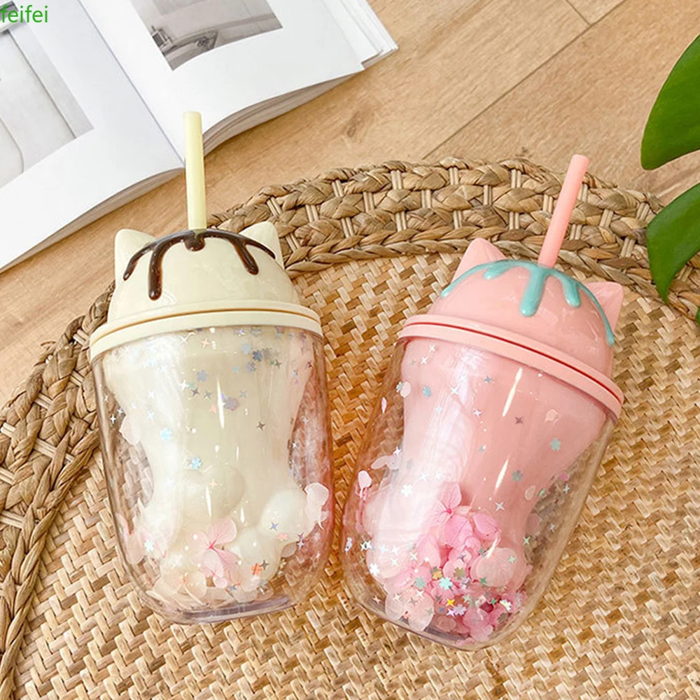 

250 мл мультяшная двойная пластиковая чашка Сакура Кошачий коготь с крышкой соломинка сок молоко детская чашка День Святого Валентина кофей...