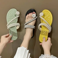 fashion slippers women summer new outside string bead vacation beach shoes toe square heel slides low 1cm 3cm solid high quality