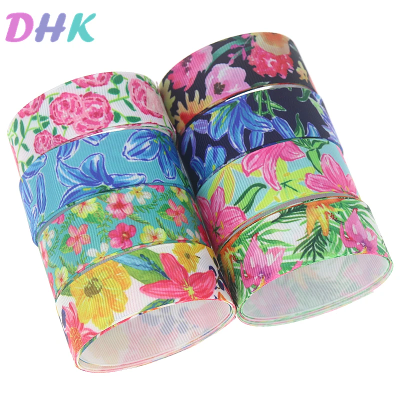 DHK 10 ярдов цветочный принт Grosgrain ленточный аксессуар бант для волос украшение