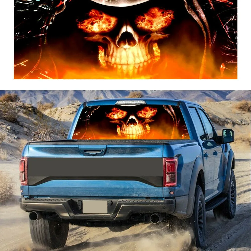 

Window Perf Graphics 53In X14In Car Truck Pickup Rear Window Flaming Skull Tint Graphic Decal Sticker