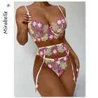 Цветочное чувственное нижнее белье MIRABELLE, женское кружевное нижнее белье с вышивкой, комплект из 3 предметов, эротические короткие наборы, подвязки, стринги, бюстгальтер на косточках