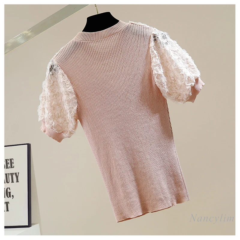 Camiseta de costura delgada de encaje para mujer, blusa de punto de seda de hielo fina para mujer, Top elegante Blanco, Negro, Rosa, Verano