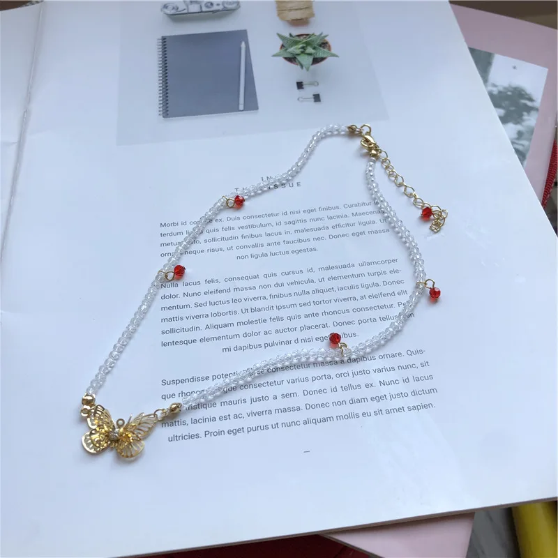 Korean fashion butterfly pendant necklaces for women cute transparent beads chain statement necklace jewelry girl party gift | Украшения и