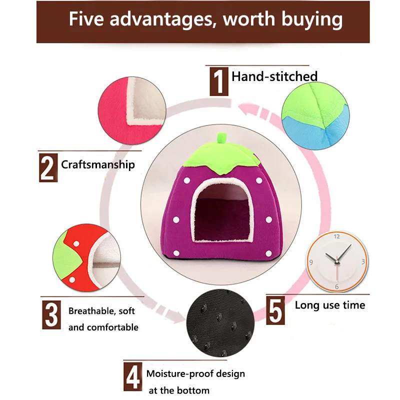 Soft Strawberry Pet Dog Cat House Comfortable Kennel Doggy Bed Foldable Fashion Cushion Basket Cute Animal Cave Products | Дом и сад