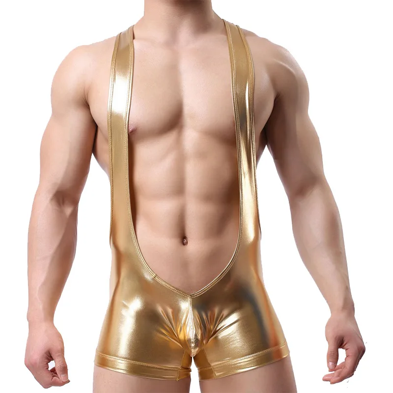 

Mens Lingerie Faux Leather Wrestling Singlet Bodysuit Underwear Gay Male Sexy Straps Jumpsuit Boxers Shorts Suspender Underwear