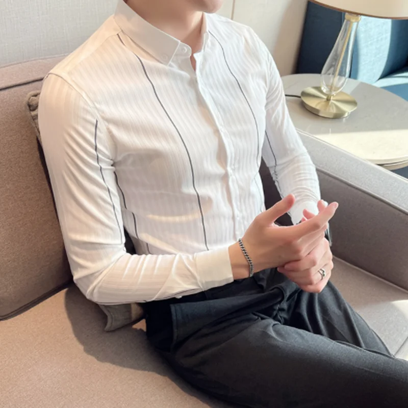 Рубашка мужская с длинными рукавами брендовая сорочка из хлопка и льна в полоску