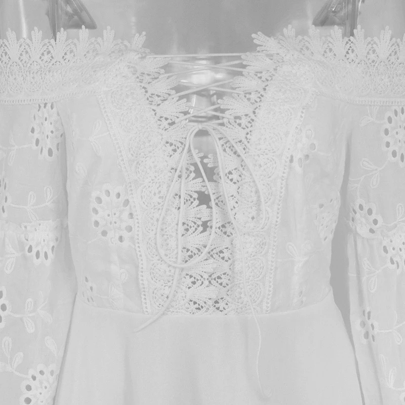 

Womens Lace Off Shoulder Tie Mini Dresses Fringed Lace Up Pleated Dress Long Sleeve 2020 Summer White Elegant Sweet Sexy Clothes