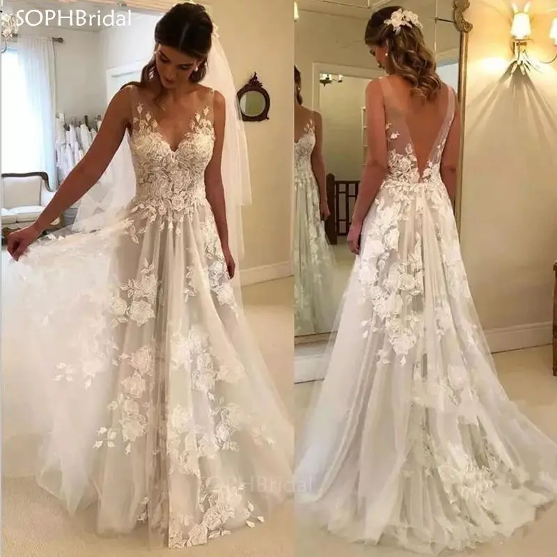 

New Arrival Boho V-Neck Wedding Dresses Vintage Lace Appliques Backless Wedding Gowns Bride Dresses Vestidos de Novia