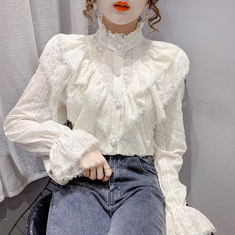 

Lace Blouses Shirt Solid Stand Collar Women Shirts Blusas Feminine 2021 New Slim Long-Sleeved Ladies Lace Tops