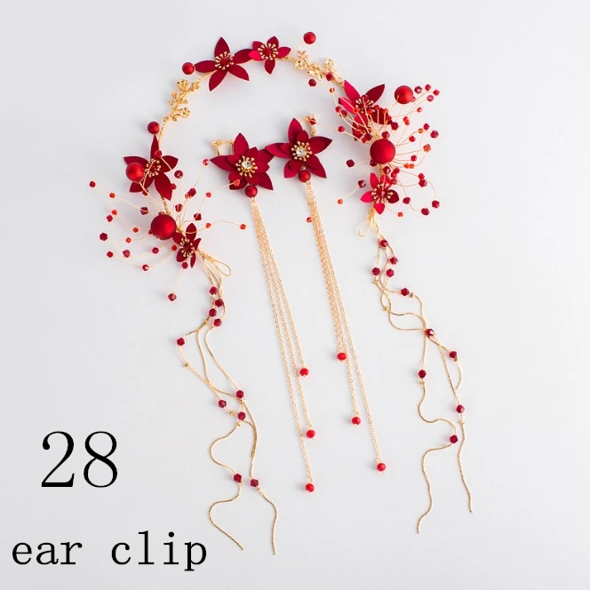 28 ear clip Новая тиара ручной работы с кисточкой красная лента-ободок для волос с цветами и жемчугом+ серьги свадебные цветочные гирлянды невесты вечерние свадебные женские аксессуары для волос - Окраска металла: 28 ear clip