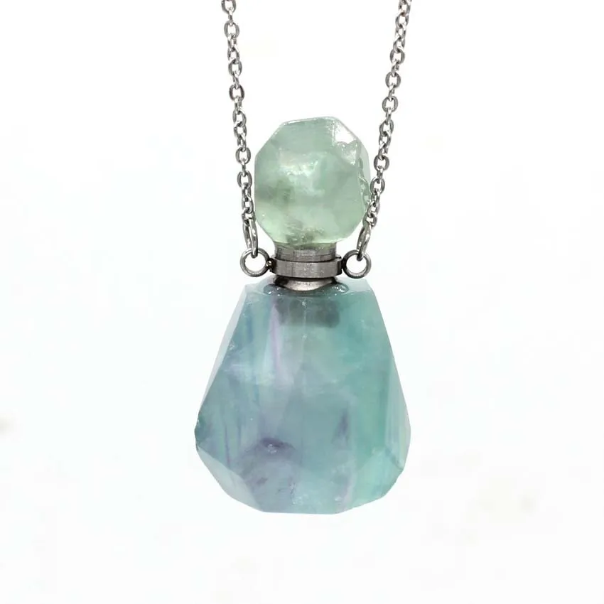 

Natural Fluorite Cut Face Stainless Steel Pendant Unisex Perfume/Refined Oil Bottle Necklace Women Men Accessory Jewelry 35x18mm