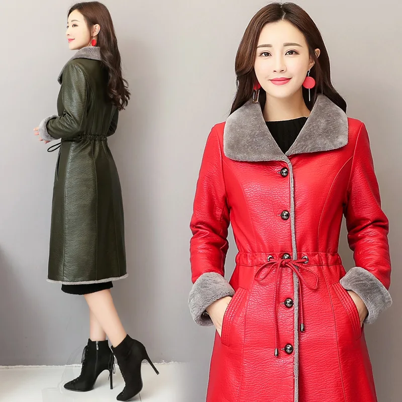 Autumn And Winter Leather Fur One Leather Leather Women's Large Size Plus Velvet Thickening Long Coat Leather Windbreaker Tide