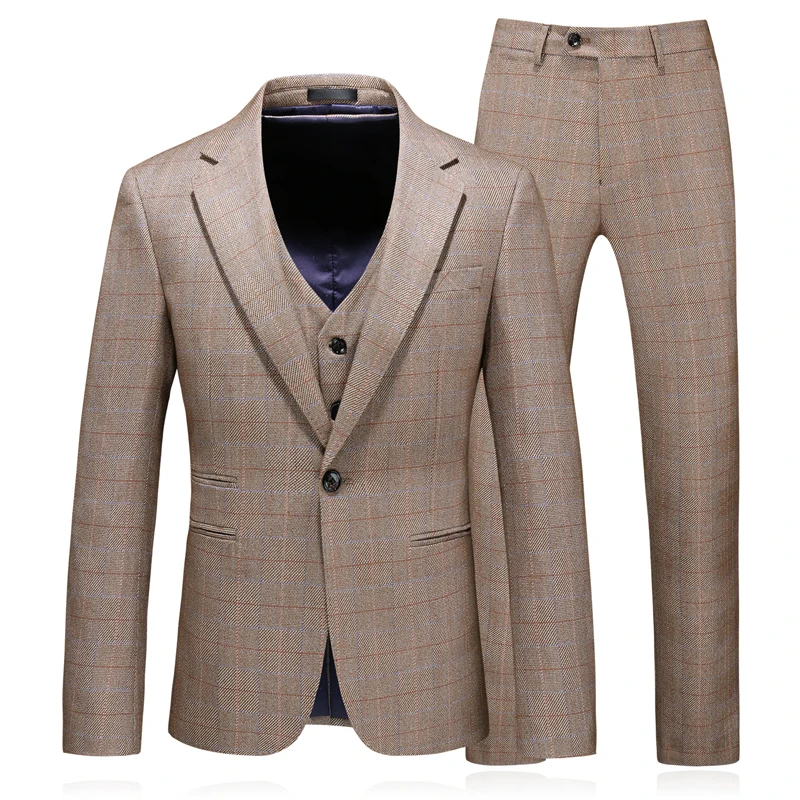 

Classic Men Suit 3 Piece Set Slim Design Business Banquet Mens Suit Jacket + Pant + Vest Autumn Winter Fashion Men Plaid Suits