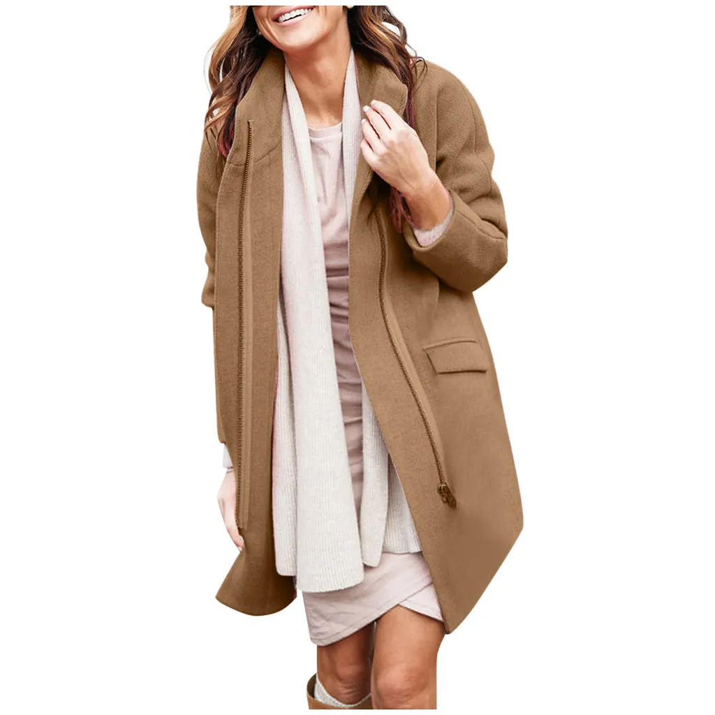 Beige Casaco feminino с карманами на молнии для женщин; большие размеры; зимнее простое шерстяное длинное пальто макси; женский халат; Верхняя одежда; manteau femme 30 - Color: Beige