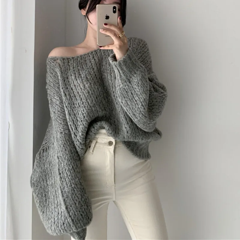 

WAVSIYIER solid vintage pullover woman 2020 korean loose spring winter oversized elegant jumper cute knitted sweater women thick
