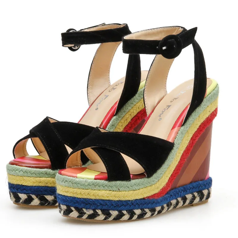 

Women sandals new suede cross color slope heel sandals