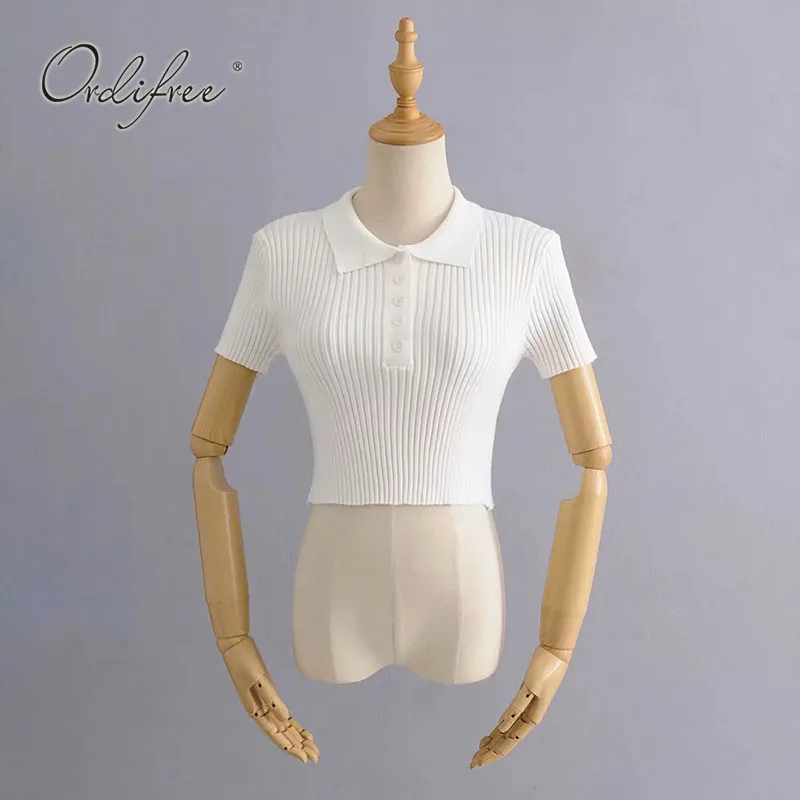 

Ordifree 2021 Summer Women Knitted T-shirt White Casual Short T Shirt Female Tshirts Short Sleeve Sexy Tops