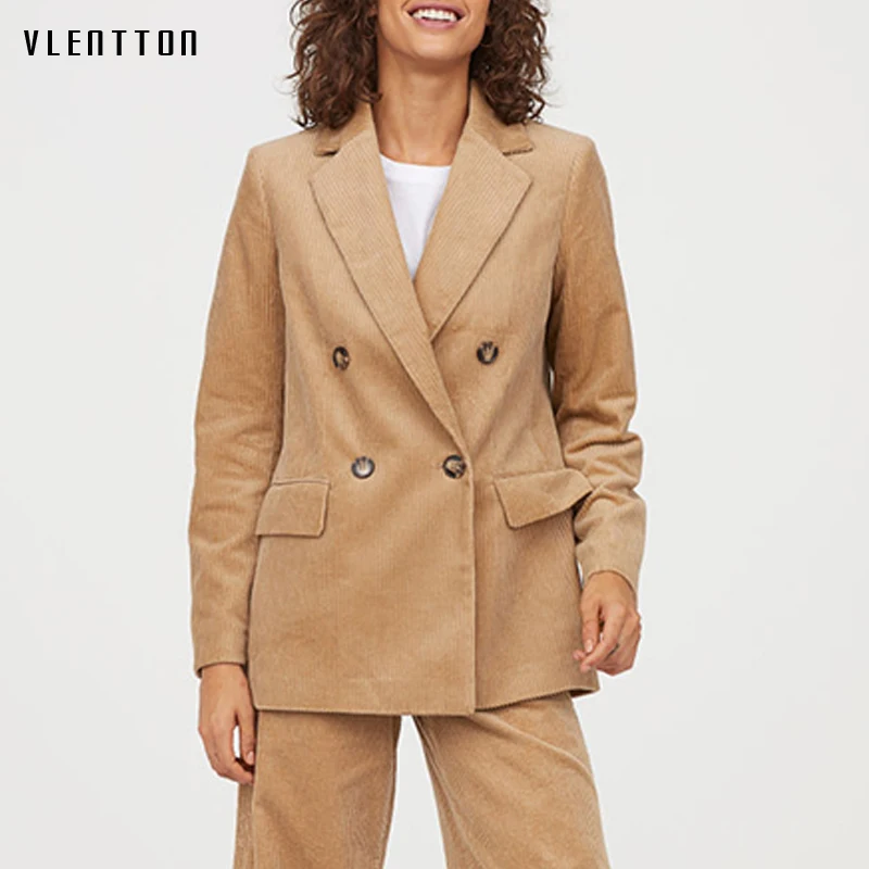 Женский вельветовый Блейзер однотонный офисный пиджак с карманами верхняя