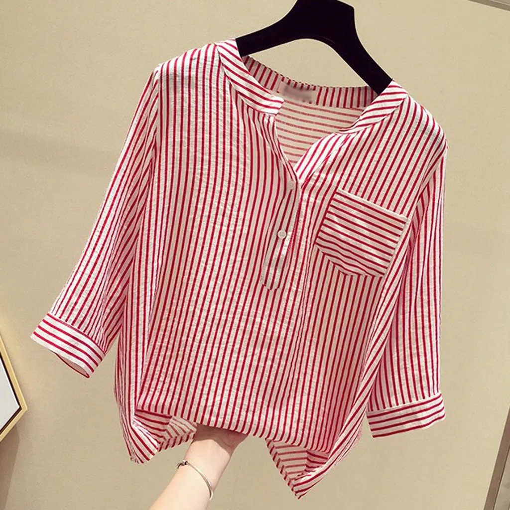 Summer Top Women Fashion Leisure V-Neck Tops Pocket decoration Button Stripe Half Sleeve Blouse Clothes 2020#25 | Женская одежда