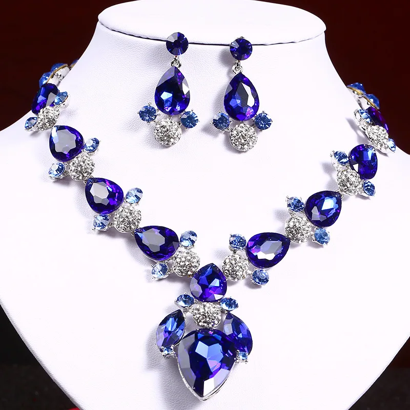 

New Romantic Water Drop Crystal Wedding Bridal Jewelry Sets For Women Rhinestone Pendant Necklace Earrings Set Dubai Accessories