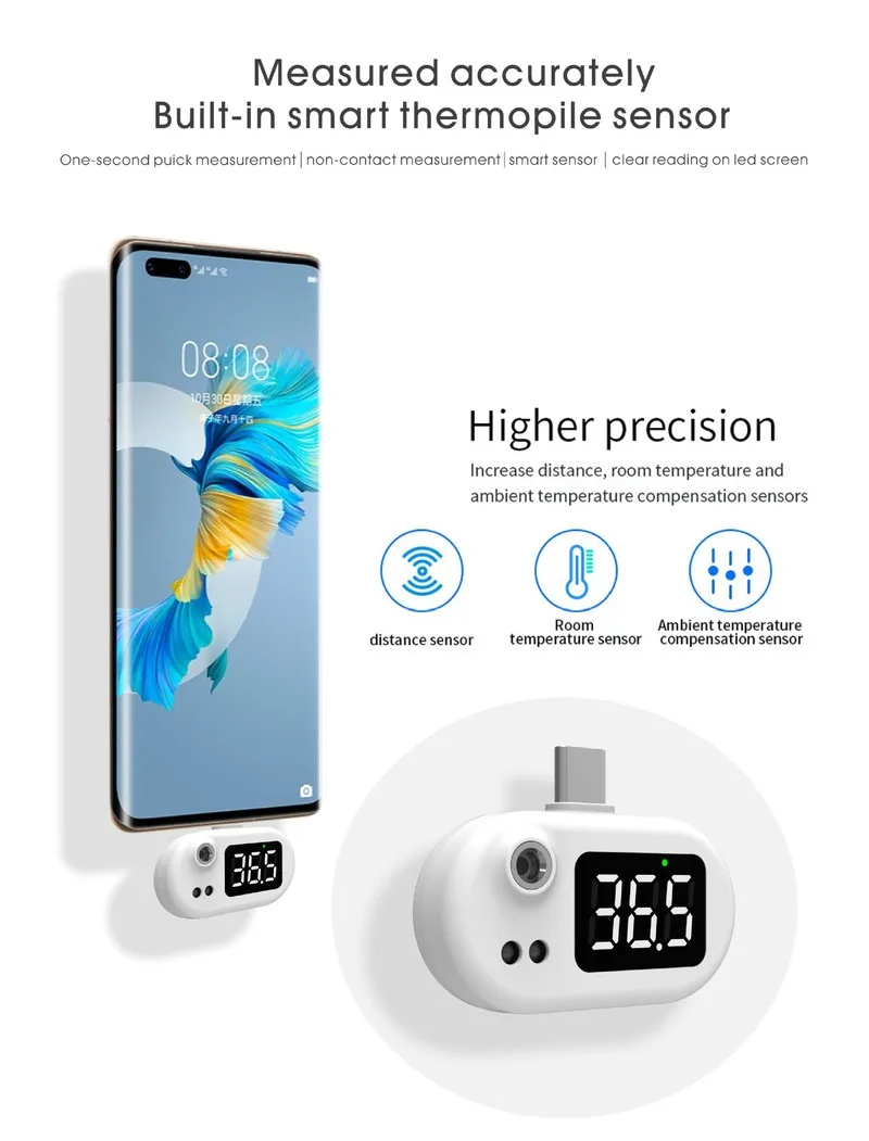 

K1 Non-Contact Infrared Thermometer Mini Portable USB Smart Android Type-c Lighting Interface for IPhone cellphone Thermometers