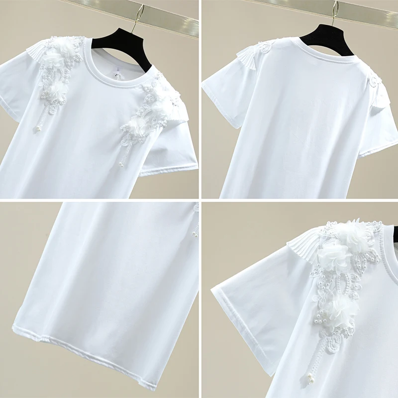 

2021 Summer 3D Flower Beaded Short Sleeve Women T-shirt Loose Slimming Ladies Top Lace Embroidery Solid Color Lady Wind