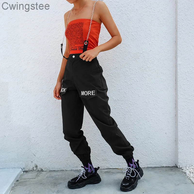 

Hip Hop Chains Patchwork Letter Embroidery Pants Women 2020 Elastic High Waist Y2k Pants Capris Black Trousers Female
