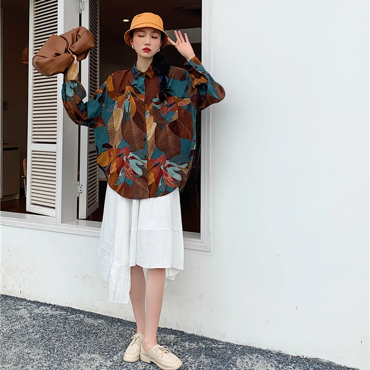 

Kimotimo Vintage Print Shirts Women Spring 2021 Color Contrast Loose Long Sleeve Tops Hong Kong Style All-match Ladies Blouse