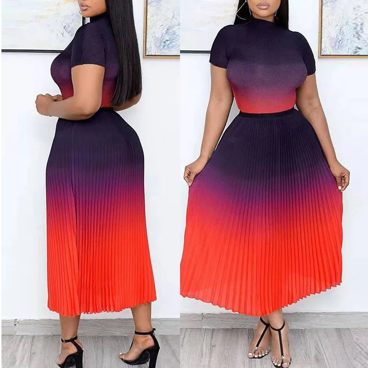 

SHZQ Gradient Color Printing Women Elegant Two Piece Sets Casual O Neck Short Sleeve Tops Pleated Ankle-length Skirts Plus Size