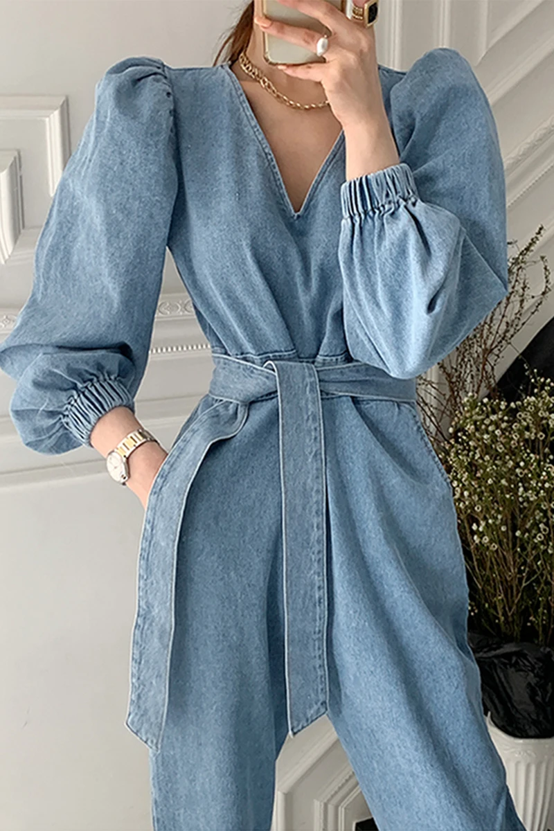 

Korean spring retro temperament V-neck tie waist slimming rompers womens jumpsuit puff sleeve straight denim jumpsuit For womens