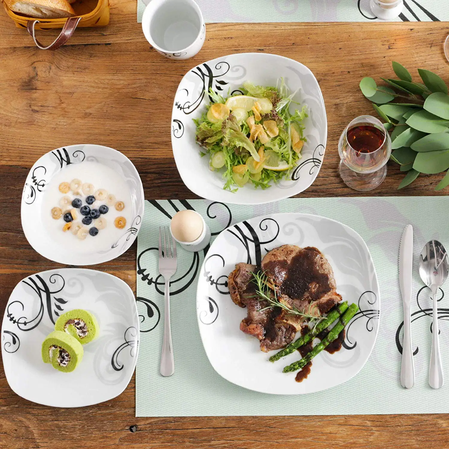 Preise VEWEET ZOEY 44-Stück Porzellan Keramik Platte Geschirr Set Mit 8 * Ei Tasse, Becher, Schüssel, Dessert Platte, Abendessen Platte Und 4 * Salat Schüssel