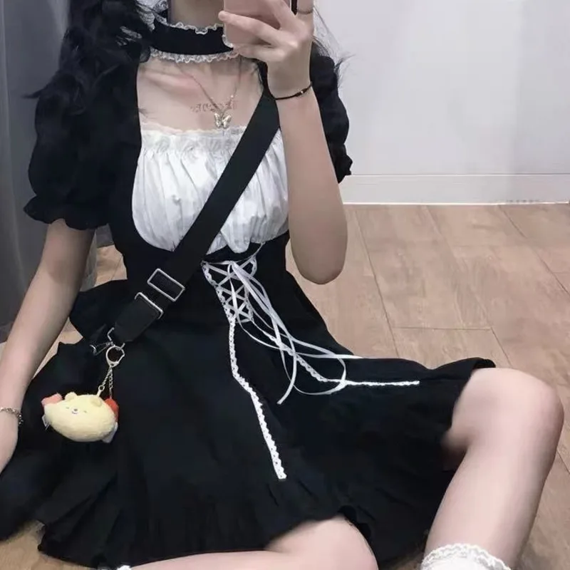

Summer New Bubble Short Sleeve Dress Maid Dress Soft Girl Lolita Cute Academy Style Harajuku Gothic Black Short A-line Dress