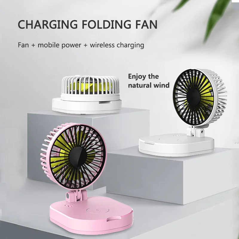 

USB Multifunction Wireless Charger For Xiaomi Power Bank Folding Fan 3 Adjustable Wind Speeds For Office Classroom Travel