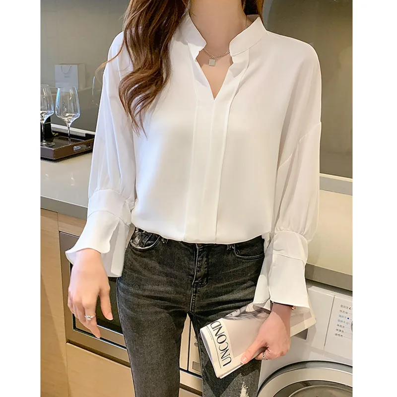 

Blouses Women 2021 Summer Office Lady Fashion V-Neck Lantern Sleeve Loose Women's Shirt White Chiffon Tops New Arrivals