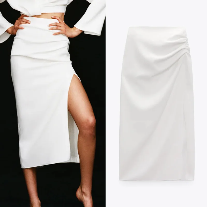 

TRAF Za Women Ruched Skirts Summer 2021 White Long Skirt Women High Waist Pencil Skirt Basic Elegant Slit Fashion Midi Skirts