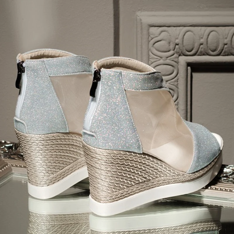 Босоножки женские сетчатые на танкетке элегантные туфли с открытым носком