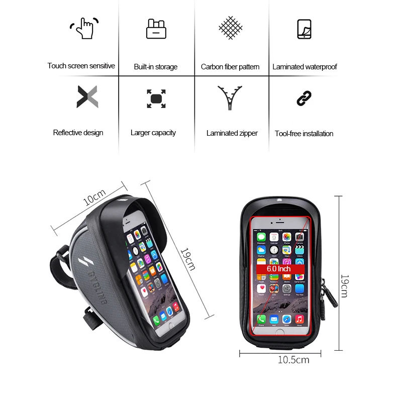 

Touch Screen Bicycle Phone Bags 6.0inch Waterproof Bike Bag Sunshade Bicycle Handlebar Bag Black Mobile Holder Cycling Equipment