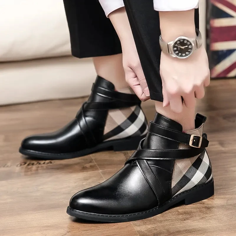 

2020 Men's Pu Leather Boots Buckle Design Plaid Ankle High Fashion Boots Casual Top Quality Low Heel Assorted Male Boots TV866