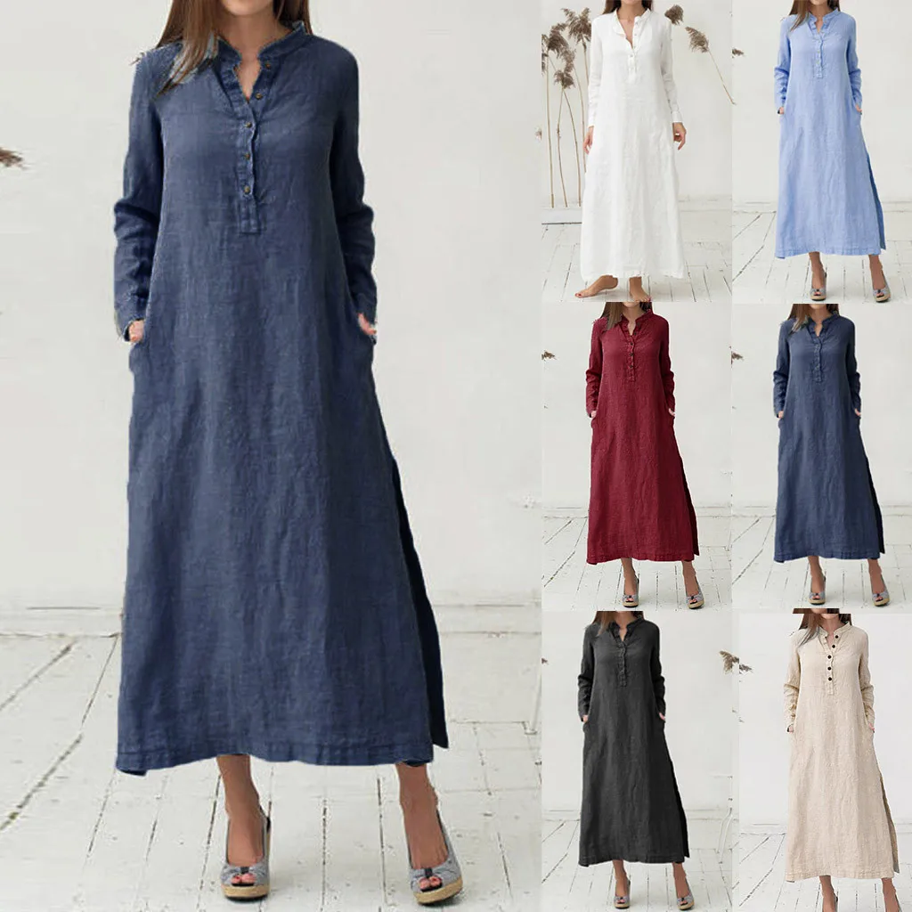 Женское Хлопковое платье Кафтан Vestidos Largos с длинным рукавом Простое Повседневное