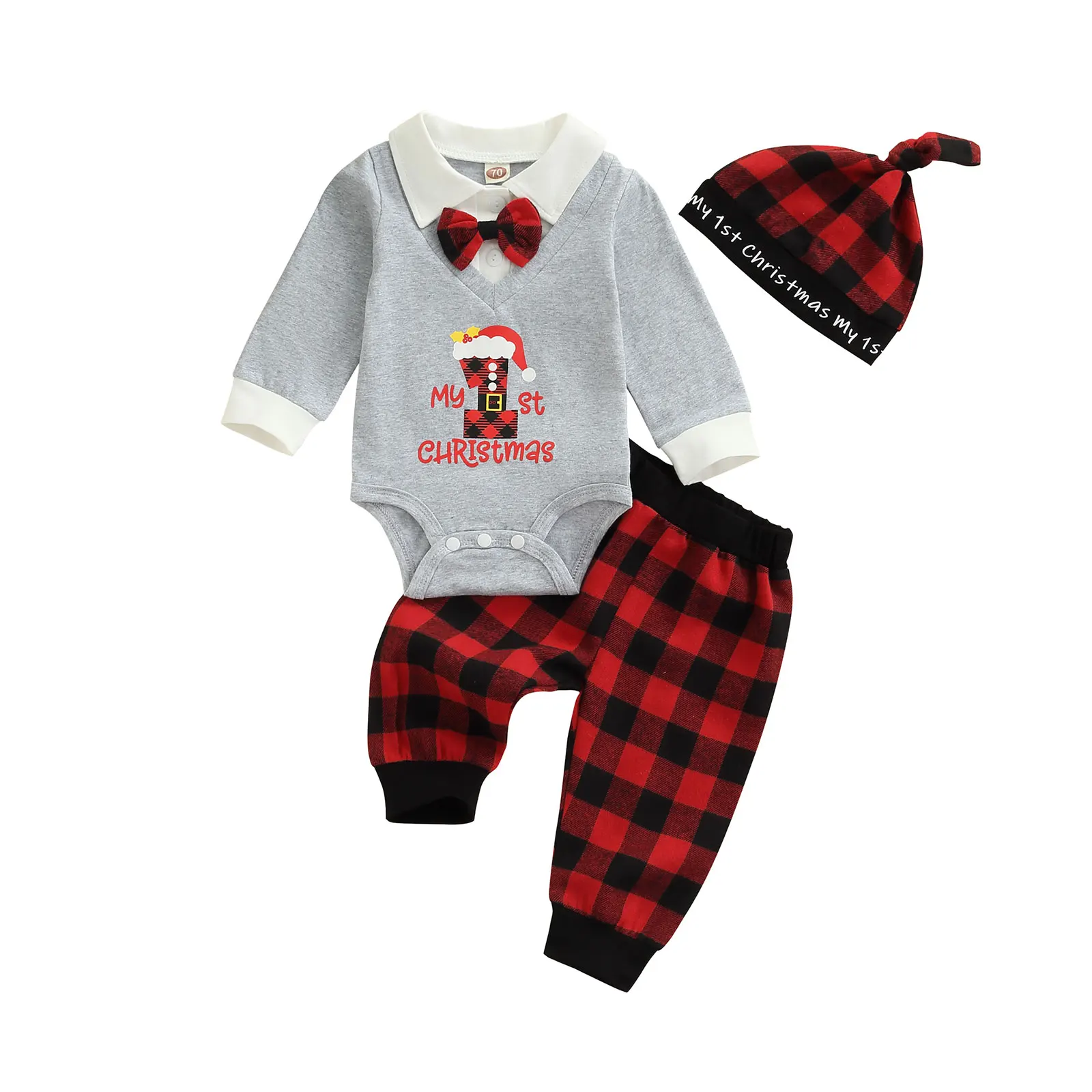 

Baby Boys 3Pcs Christmas Outfit Letters Long Sleeves Romper + Plaid Pants + Hat for Toddler Kids