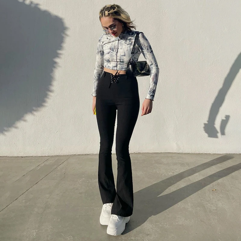 

Darlingaga Streetwear Lace Up Skinny Black High Waist Pants Casual Solid Korean Female Trousers Split Flare Pants Gothic Clothes