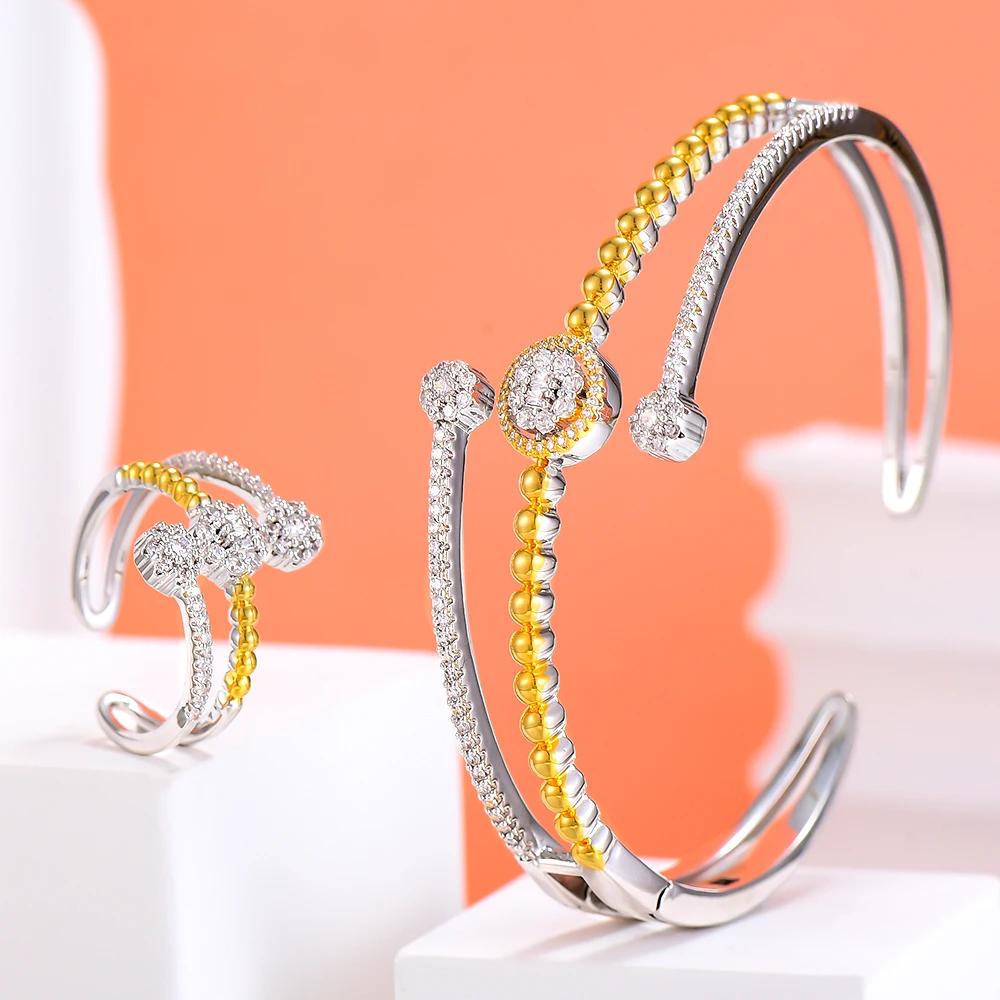 

KellyBola 2021 Jewelry Bracelet Ring Set Gold Micro Inlay Carved Zircon Adjustable Ring Girl Elegant Wedding Party Jewelry