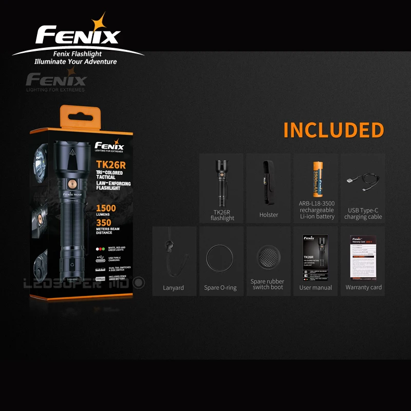 Трехцветный светильник Fenix TK26R 1500 люменов, тактический силовой светильник-вспышка с литий-ионным аккумулятором 3500 мАч