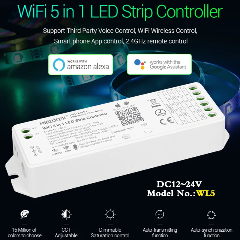 Wifi 5 in 1 Led Strip Controller WL5 Dimmer DC12~24V Can Smart Phone APP/Voice/2.4GHz Remote Control For RGBW RGB CCT Light Bar