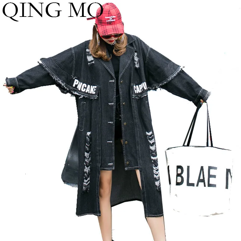 QING MO женское джинсовое Пальто Черное Женское зимнее пальто с буквенным принтом