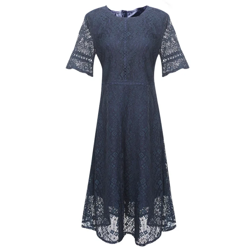 

Deep Blue Elegant Lace Dress Summer 2021 Women's Dress Hollow Out Butterfly Sleeve Empire A-line Dress 4XL 5XL Plus Size Dresses