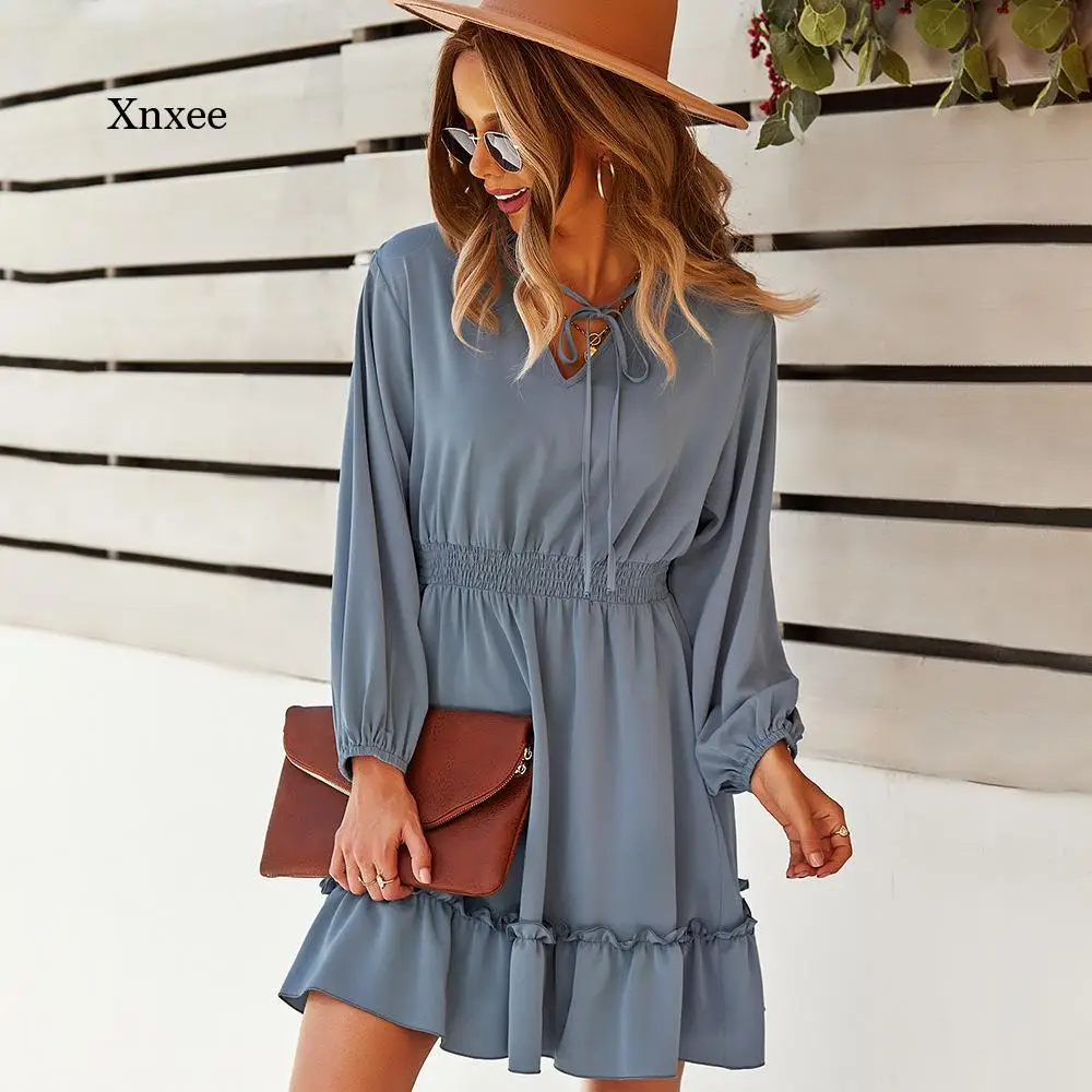 

V-Neck Lace-Up Mini Dresses Spring Autumn Long Sleeve Ruffle Women's Dress A Line Bohemia Casual Loose Solid robe beach Dresses