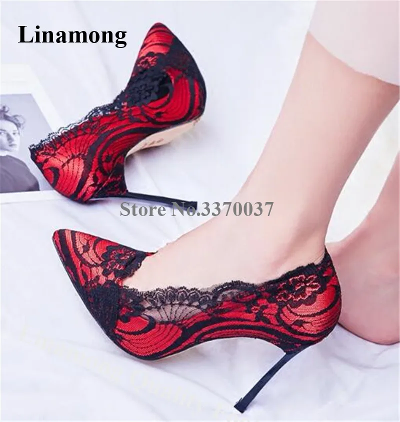 

Linamong Pointed Toe Mesh Printed Metal Stiletto Heel Pumps 8cm 10cm 12cm Lace Red Purple White High Heels Wedding Dress Shoes