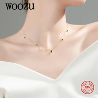 woozu real 925 sterling silver fashion green zircon clavicle link chain necklace for women charms korean style wedding jewelry