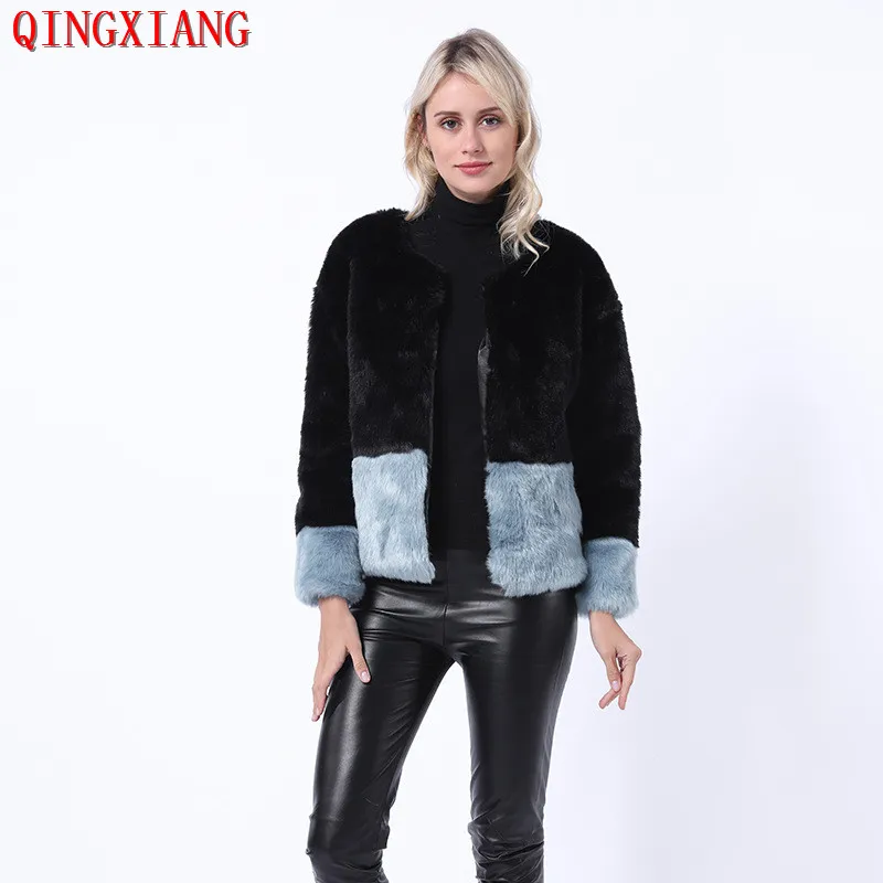 

S-3XL Women Faux Rabbit Fur Long Sleeves Short Coat 2019 Office Lady 2 Color Patchwork Outwear Autumn Thick Warm Cardigan